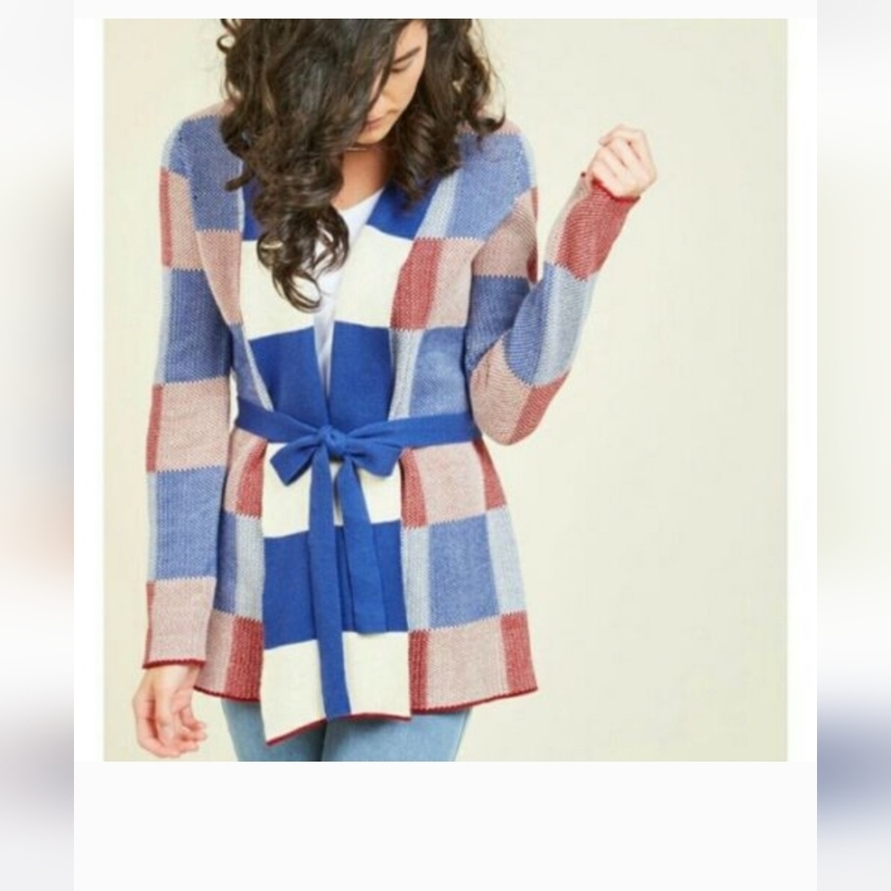 ModCloth Simply snuggly Checked Cardigan Red,white And Blue Size L